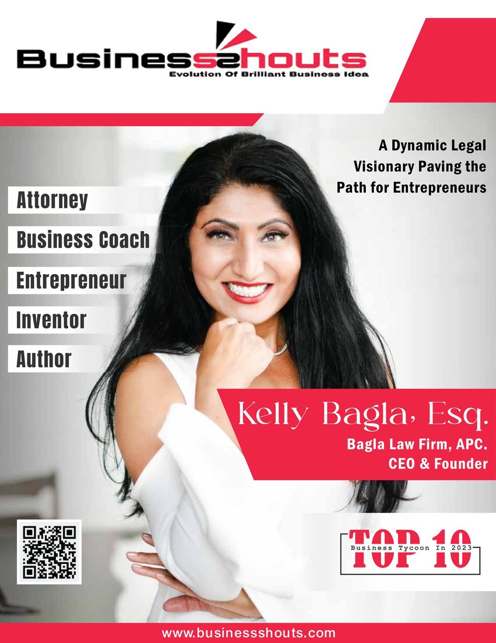 BusinessShouts magazine cover featuring Kelly Bagla, Esq.
