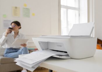 woman drinking coffee with printers